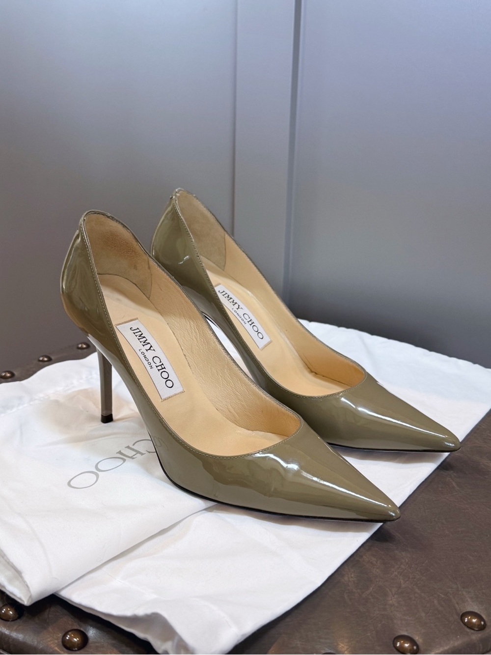Jimmy Choo Taupe Pointed toe Patent Leather Pumps US 6 36
